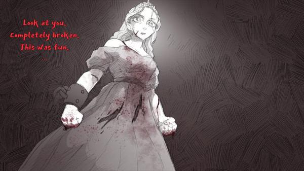 Screenshot from 'Slay the Princess' showing a princess with blood-stained wrists, wearing a tattered dress against a dark background.