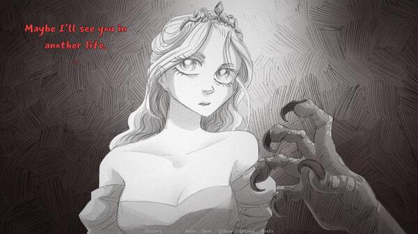 Screenshot from Slay the Princess showing a princess in a white dress with a clawed hand reaching towards her.