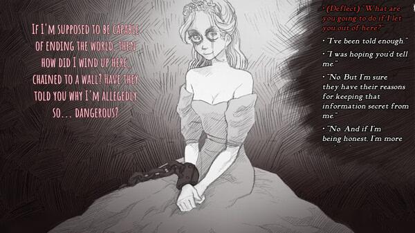 Screenshot from 'Slay the Princess': A princess sits chained, with dialogue options visible on the right side of the screen.