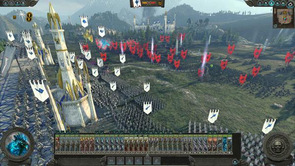 A screenshot from Total War: WARHAMMER II showing a large battlefield with High Elf and enemy units clashing near a castle.
