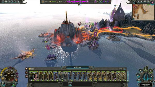 Total War: WARHAMMER II screenshot showing a Dark Elf army led by Malekith near a volcanic island and a strategic map view.