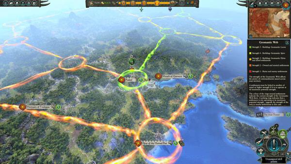Total War: WARHAMMER II screenshot showing a strategic map with glowing lines and various settlements in a lush, coastal terrain.
