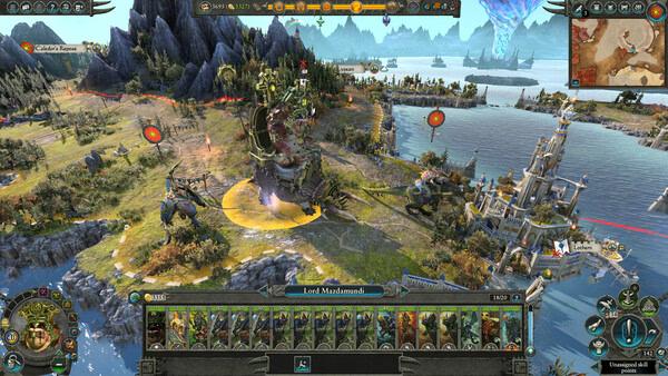 Total War: WARHAMMER II screenshot showing a Skaven army led by Lord Mazdamundi near a coastal city with detailed terrain and UI elements.