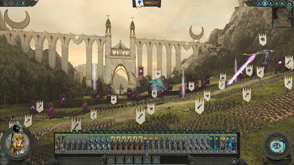 A screenshot from Total War: WARHAMMER II showing a High Elves army defending a large stone bridge against enemy forces.