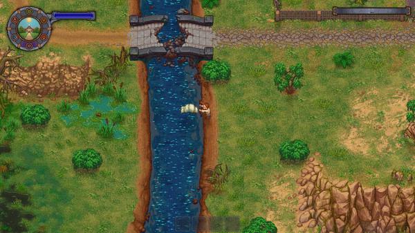 Graveyard Keeper screenshot: A character walks near a flowing blue river surrounded by green trees, rocky cliffs, and a stone bridge.