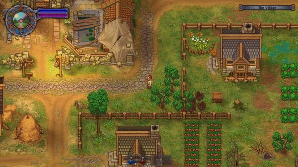 Screenshot of Graveyard Keeper showing a character walking through a colorful village with houses, crops, and trees.