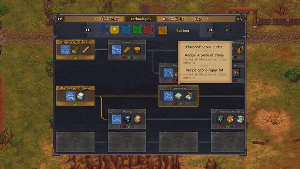 Graveyard Keeper screenshot: A technology tree displays options for crafting stone items, including blueprints for stone cutter and repair kits.