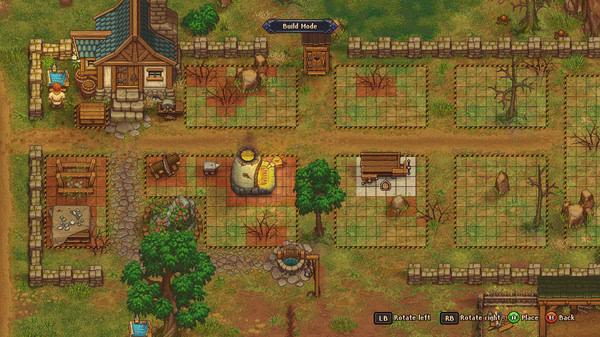 Graveyard Keeper screenshot: A build mode view of a garden area with plots, a well, a bench, and crafting stations surrounded by fences.