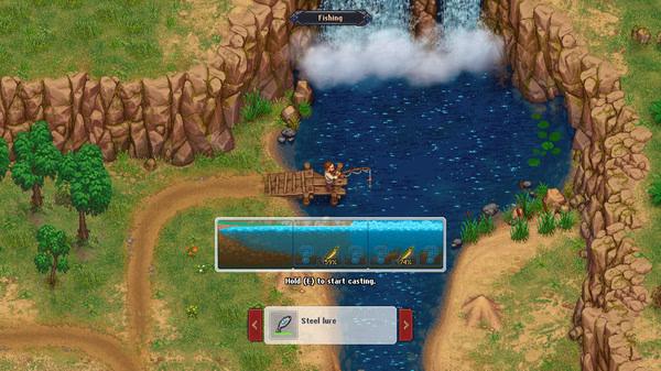 Graveyard Keeper screenshot: A character fishes in a river by a waterfall, with a menu displaying fishing options and a steel lure.