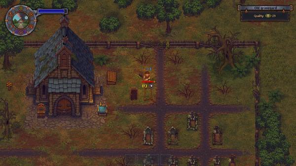 Graveyard Keeper screenshot: A character stands near an old graveyard's chapel, surrounded by trees and gravestones.