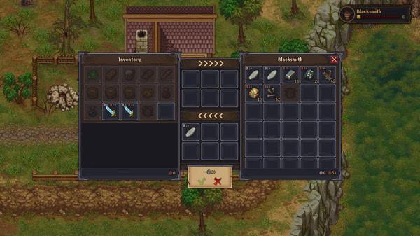 Graveyard Keeper screenshot: A trade interface with inventory items and blacksmith options displayed near a house and riverbank.