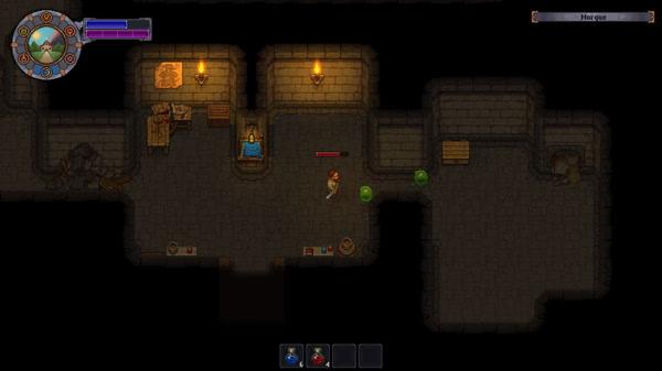 A screenshot from Graveyard Keeper showing the player character in a dimly lit dungeon with green slimes and scattered items.