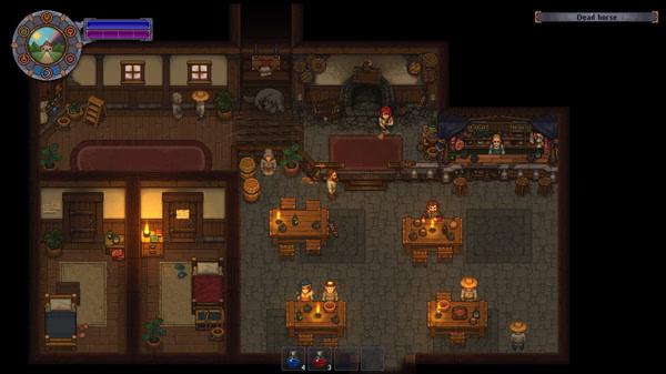 Graveyard Keeper screenshot: Interior of a medieval tavern with patrons seated at tables and a bartender behind the counter.