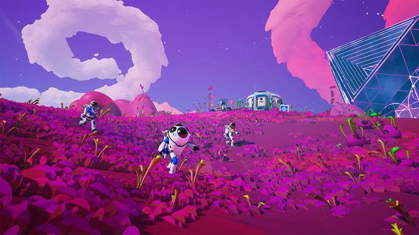 ASTRONEER screenshot: Astronauts explore a vibrant purple landscape with futuristic structures and plants under a colorful sky.