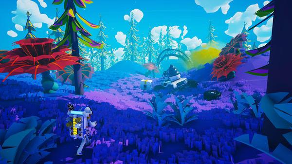 ASTRONEER screenshot: An astronaut explores a vibrant alien landscape with colorful plants and a rover under a bright blue sky.