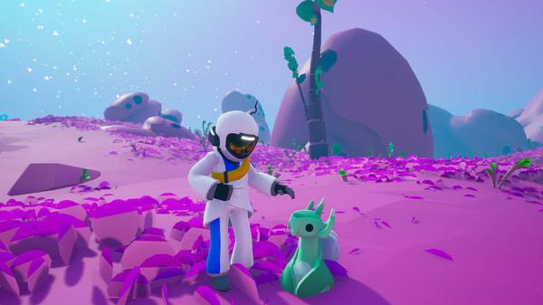 ASTRONEER screenshot: A suited astronaut interacts with a small green alien creature on a vibrant, purple alien landscape.