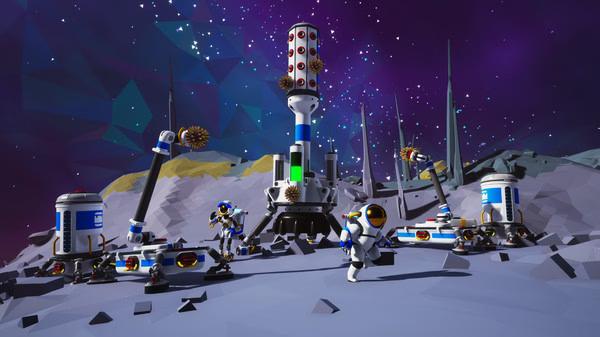 ASTRONEER screenshot: Astronauts explore a rocky landscape with futuristic machinery under a starry, geometric sky.