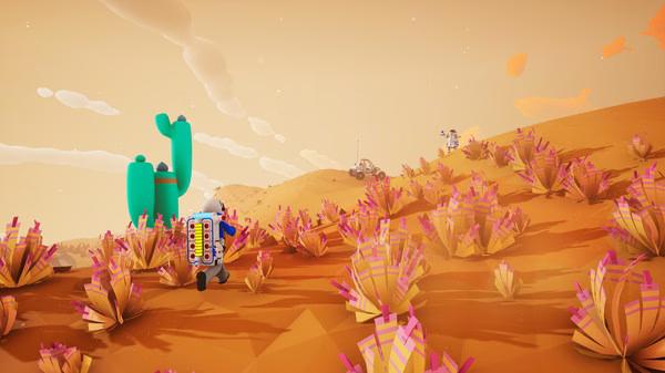 ASTRONEER screenshot: An astronaut walks through a colorful alien landscape with pink plants and distant structures under an orange sky.