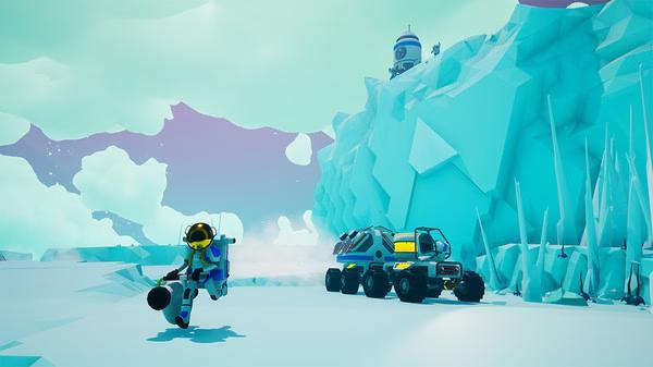 ASTRONEER screenshot: A player in a spacesuit explores an icy landscape with a futuristic rover and a rounded building in the background.