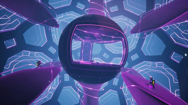 ASTRONEER screenshot: A futuristic, spherical structure surrounded by glowing pillars in a hexagonal pattern.