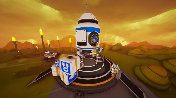 ASTRONEER screenshot: A futuristic blue and white rocket stands on a launch pad surrounded by alien terrain and glowing plants.