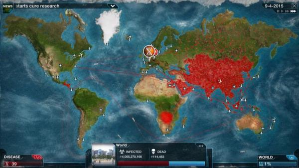 Plague Inc: Evolved screenshot showing a world map with red infection zones, plane routes, and cure research progress.
