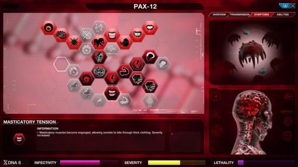 Plague Inc: Evolved screenshot showing the abilities menu. Icons depict zombie-related upgrades and a brain image on the right side.