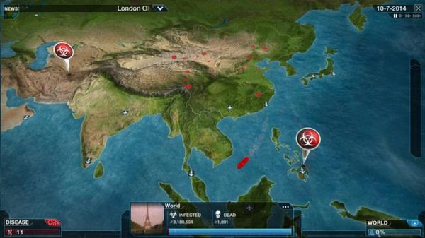 Plague Inc: Evolved screenshot showing a world map with infection spread markers in Asia and game stats at the bottom.