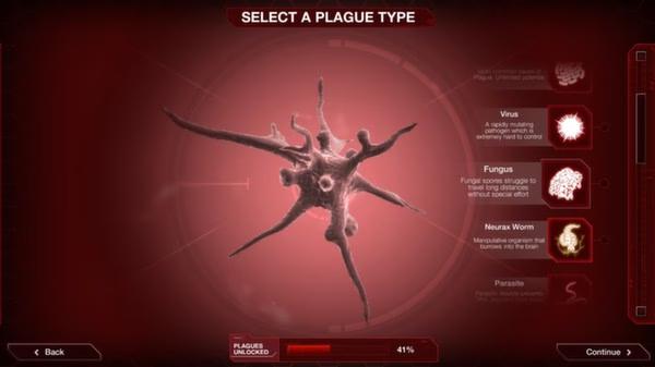 Screenshot from Plague Inc: Evolved showing the plague type selection menu with options like Virus, Fungus, and Neurax Worm.
