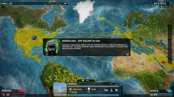Plague Inc: Evolved screenshot showing the world map, disease spread patterns, and a news alert about escaped apes in the USA.