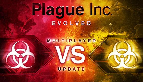 Screenshot of Plague Inc: Evolved showing a multiplayer update screen with red and yellow biohazard symbols and the text "VS".