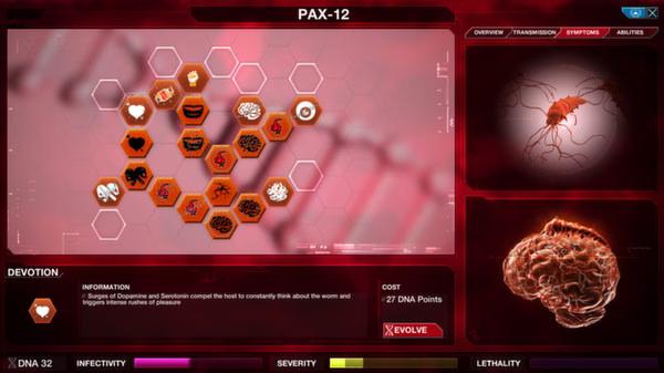 Screenshot of Plague Inc: Evolved showing the PAX-12 disease evolution screen with DNA points and pathogen details.