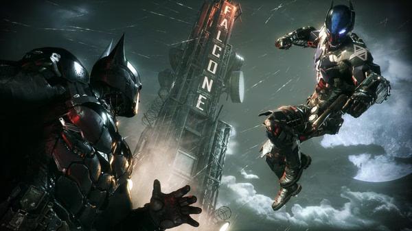 Screenshot from Batman: Arkham Knight showing Batman confronting a foe in front of a Falcone building at night.