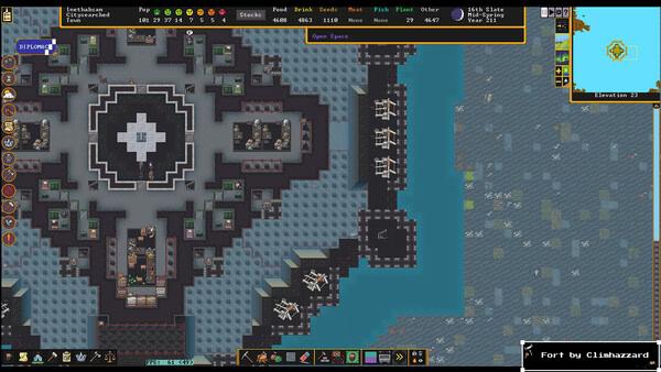 Dwarf Fortress screenshot showing a detailed fortress layout with workshops, surrounding water, and various structures.
