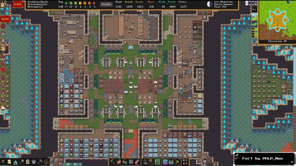 Screenshot of Dwarf Fortress showing a complex fortress layout with rooms, furniture, and various items arranged symmetrically.