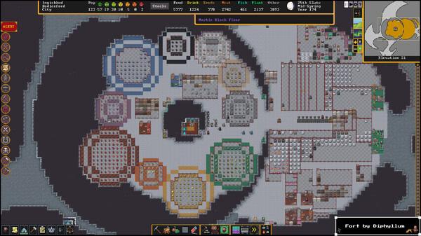 Screenshot of Dwarf Fortress showing a detailed fortress layout with circular rooms, workshops, and a central meeting area.