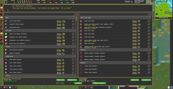 Screenshot of Dwarf Fortress showing a detailed inventory menu with various items listed, including bags, gloves, and goblets.