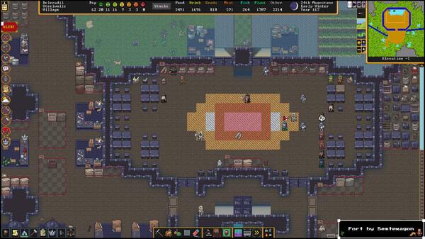 Dwarf Fortress screenshot showing dwarves working in a large fortress hall with tables, chairs, storage areas, and a map display.