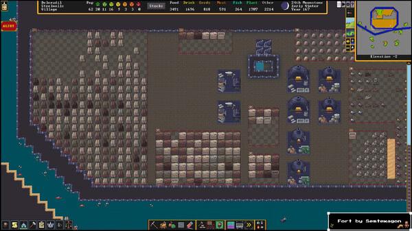 Dwarf Fortress screenshot showing a fortress layout with stockpiles, workshops, water channels, and a map view in the top-right corner.