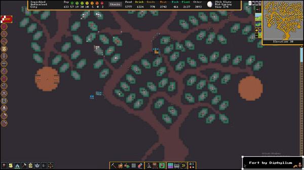 Dwarf Fortress screenshot showing a large tree with vibrant leaves, dwarves navigating branches, and a detailed map in the corner.
