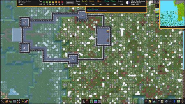 Dwarf Fortress screenshot: A fortress layout with stone walls and pathways, surrounded by a snowy landscape and tree clusters.