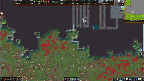 Screenshot from Dwarf Fortress showing a fortress layout with various rooms and pathways surrounded by a grassy landscape.