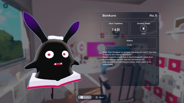 Screenshot from 'gogh: Focus with Your Avatar' showing Bonkuro, a black bunny-like avatar, floating with a book in a cozy room.