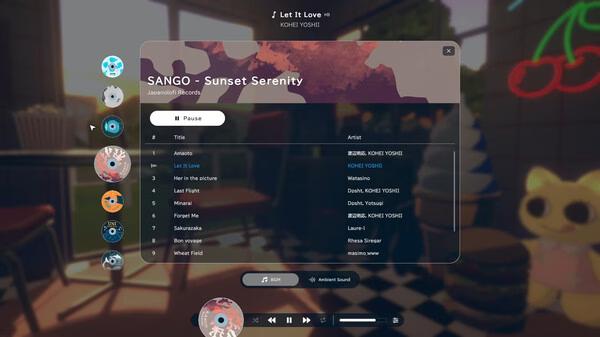 Screenshot of 'gogh: Focus with Your Avatar' showing the music playlist screen with avatars and a cozy cafe background.
