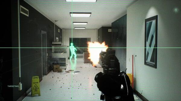 RoboCop: Rogue City screenshot: RoboCop fires at a glowing enemy in a corridor, with debris scattered and caution signs visible.