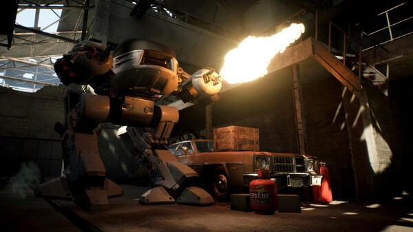RoboCop: Rogue City screenshot showing a large robot firing flames inside a warehouse with a car and gas tank visible nearby.