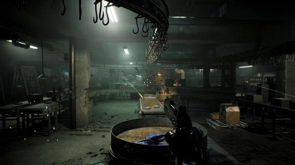RoboCop: Rogue City screenshot: RoboCop fires at enemies in a dimly lit industrial setting, surrounded by debris and machinery.