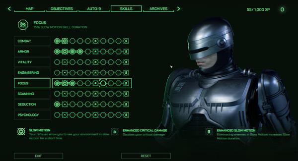 RoboCop: Rogue City screenshot featuring RoboCop's skills menu with armor and skill attributes visible.