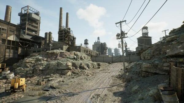 A screenshot from RoboCop: Rogue City showing an industrial area with factories, power lines, and a dirt road leading up to a tall fence.