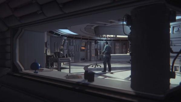 Alien: Isolation screenshot: A person stands in a futuristic control room, surrounded by consoles and dim lighting.